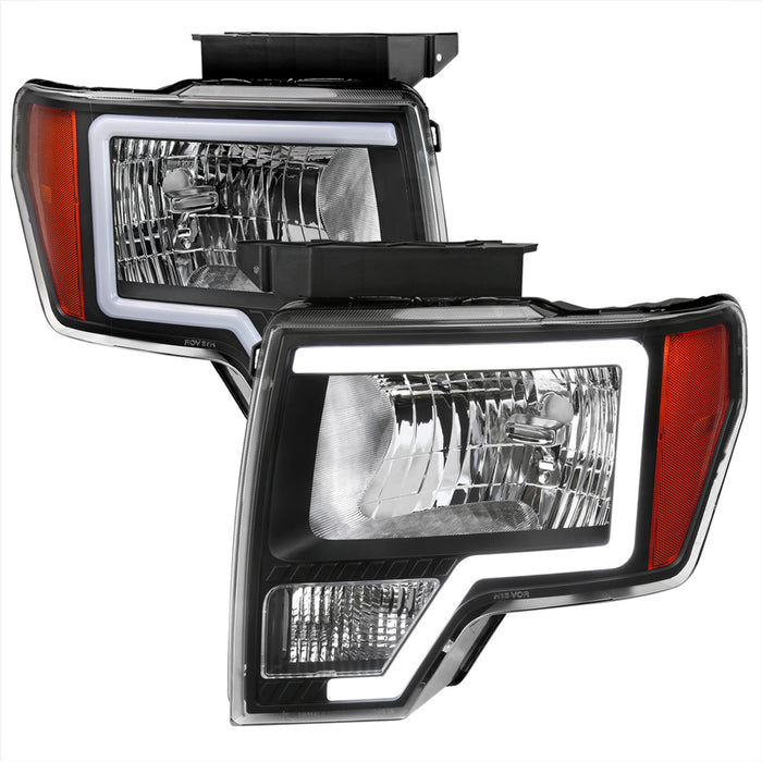 2009-2014 Ford F-150 LED Bar Factory Style Headlights with Amber Reflectors (Matte Black Housing/Clear Lens)