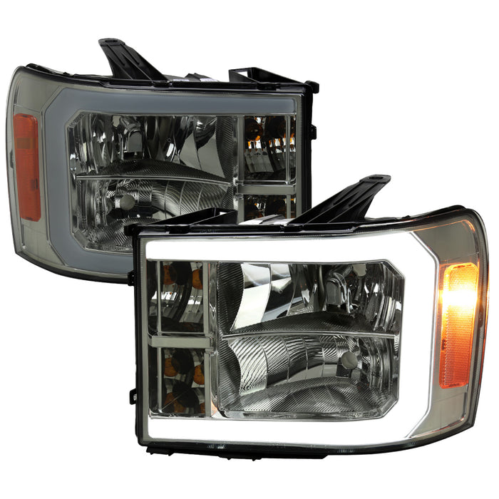 2007-2013 GMC Sierra 1500/ 2007-2014 1500HD 2500HD 3500HD LED Bar Factory Style Headlights (Chrome Housing/Smoke Lens)