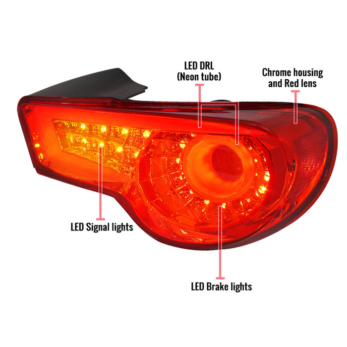 2012-2016 Scion FRS Subaru BRZ LED Tail Lights (Chrome Housing/Red Lens)